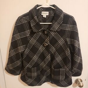 Motherhood Maternity Wool Blend Jacket  Medium Plaid Black Cream 3/4 Sleeve Y2k